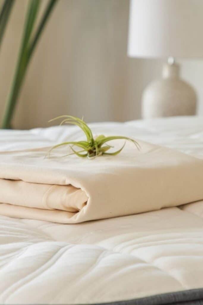 一个好的天然有机床垫保护器可以保护你(免受尘螨和细菌的伤害)，保护你的床垫(免受过度磨损)，保护地球(免受有害毒素和合成材料的伤害)。图片来源:Brentwood Home #有机床垫保护者#自然床垫保护者#可持续丛林